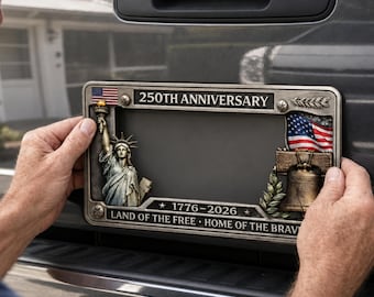 Premium Zinc Alloy 250th Anniversary License Frame Statue of Liberty and Liberty Bell – Hand-Finished Patriotic Memorial for US Vehicles