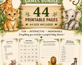 Safari Baby Shower Games Bundle, 44 Printable Pages, Activities, Keepsake Cards (Instant Download)