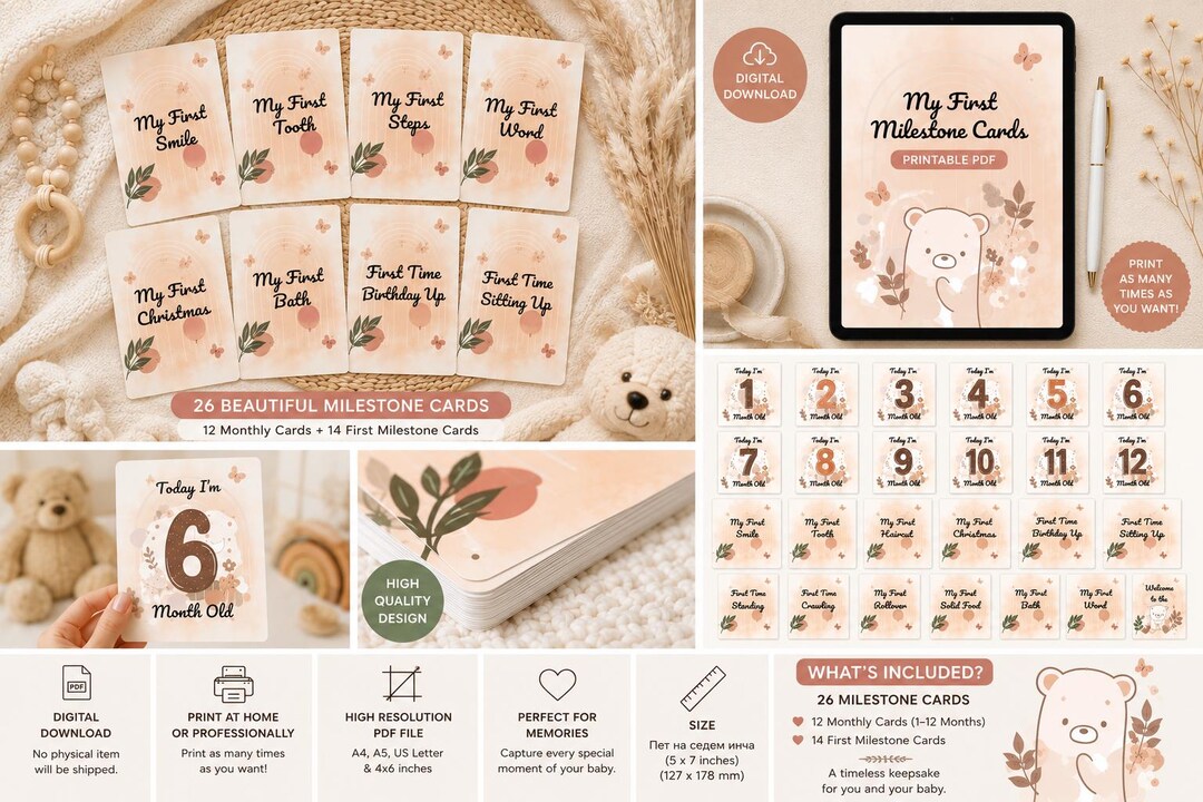 Boho Baby Milestone Cards Printable, First Year Baby Milestone Cards ...