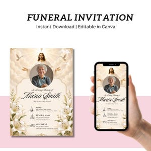 Puede incluir: Una plantilla de invitación funeraria con fondo beige, lirios blancos, un marco circular para fotos y una ilustración de Jesús. El texto dice In Loving Memory of Maria Smith, Wake, Funeral Mass e Interment con los detalles.