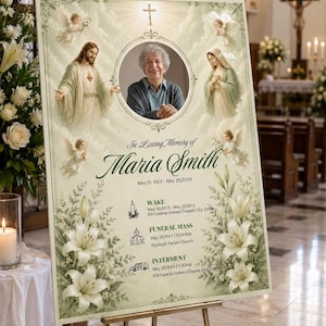 May include: A rectangular funeral memorial sign featuring a central circular portrait of Maria Smith, surrounded by illustrations of Jesus, Mary, and angels. The text reads In Loving Memory of Maria Smith, May 01, 19XX - May 20,20XX, Wake, Funeral Mass, and Interment.