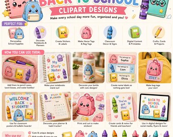Pacchetto di clipart Kawaii per il ritorno a scuola / Grafica PNG di materiale scolastico (download digitale)