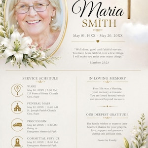 Può includere: Un annuncio funebre con la foto di una donna, circondata da gigli bianchi. Il testo recita "In memoria di Maria Smith" con date e una citazione da Matteo 25:23. Sono elencati anche i dettagli del servizio.