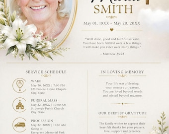 Paquete de plantillas elegantes para programas funerarios / Invitación a servicios conmemorativos (Descarga digital)