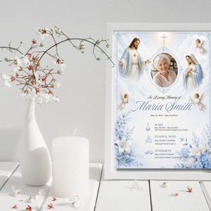 May include: A white framed funeral programme featuring a central portrait of an elderly woman surrounded by illustrations of Jesus, the Virgin Mary, and angels. The text reads In Loving Memory of Maria Smith with service details in blue.