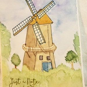 Carte de vœux aquarelle de moulin à vent