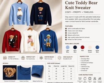 Teddy Bear Knit Sweater – Classic Crewneck Pullover, Cotton Blend Acrylic Knit