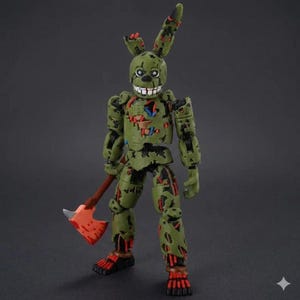 May include: A green and brown action figure of a rabbit-like character with a menacing grin, holding a small axe. The figure has a distressed appearance with exposed internal components, suggesting a horror theme.