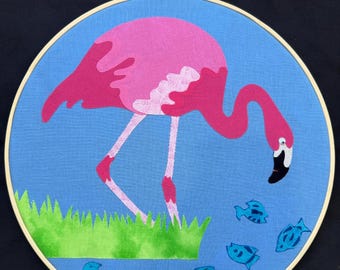 Upcycled Flamingo Textile Art: Eco-Friendly Patchwork Collage