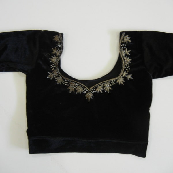 Holiday velvet crop top, black with silver hand work in neck line, unique, elegant and very versetile , one top many uses, great for party