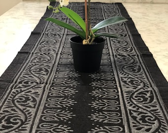 Hand Block Printed Cotton Table Runner: Black and White Centerpiece