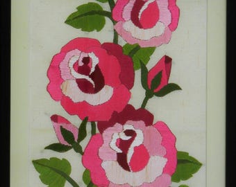 Framed Rose Embroidery Art: Pink & Green Floral Fiber Art