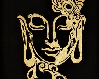 Gold Buddha Painting: Original Ink & Acrylic Art on Black Canvas