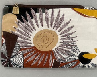 Handmade Quilted Cotton Pouch, Earth Tone Print, Travel Cosmetic Bag