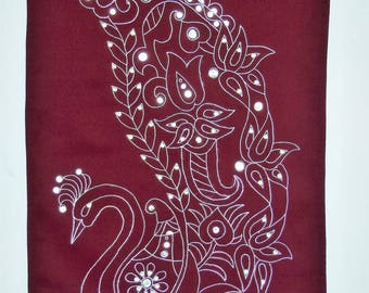 Handmade Peacock Fiber Art: Silver Jadtar Embroidery Wall Hanging
