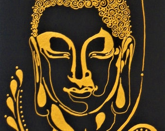 Gold Buddha Painting: Original Ink & Acrylic Art on Black Canvas