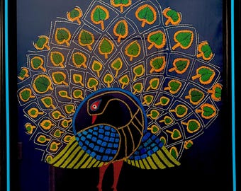 Hand Embroidered Peacock Tapestry, Framed Textile Art