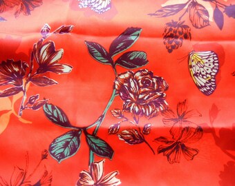 Japanese silk scarf, long silk neck wrap, roses and butterflies red scarf, vintage wrap, vintage silk scarf, unique gift, butterfly scarf