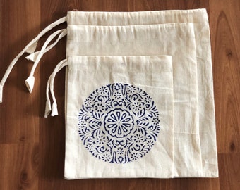 Hand Block Printed Cotton Produce Bags: Mandala Design, Set of 3