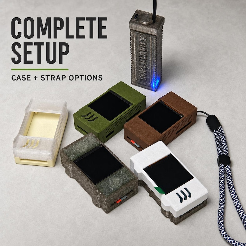 May include: A collection of rectangular electronic device cases in various colours including olive green, brown, white, and textured grey, alongside a translucent case. A vertical grey device with a blue light is connected to a cable. Text reads COMPLETE SETUP CASE + STRAP OPTIONS.