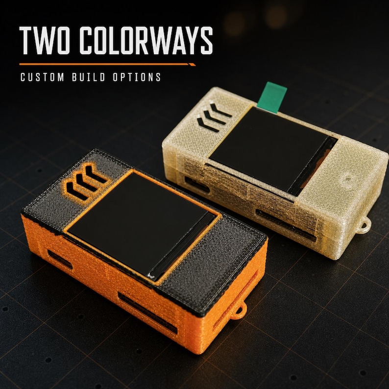 May include: Two rectangular electronic devices with black screens and textured cases. One device is orange and black, while the other is translucent off-white. The text "TWO COLORWAYS" and "CUSTOM BUILD OPTIONS" appears at the top of the image.