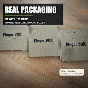 May include: Three square cardboard boxes with a speckled grey finish, each featuring the text Finger BOX in black stencil-style lettering. The boxes are arranged in a row, showcasing protective packaging for shipping small items.