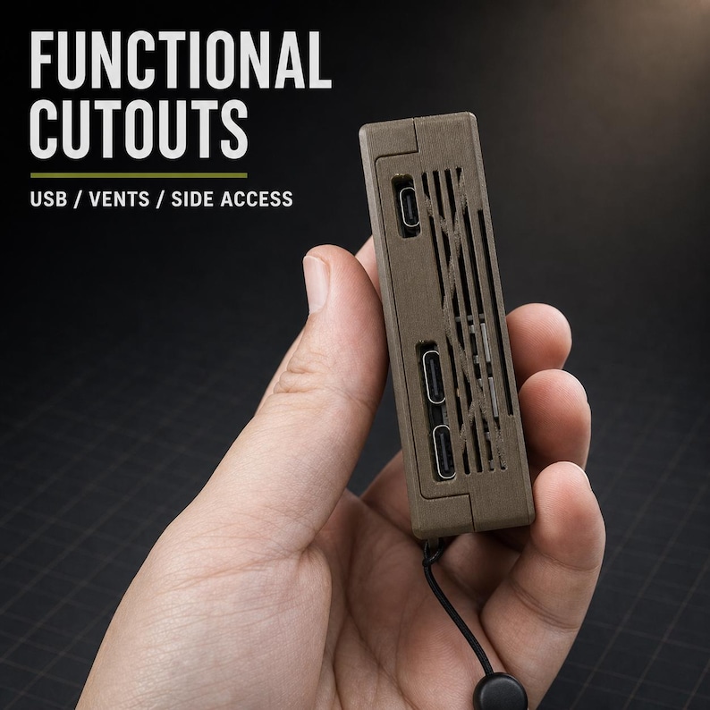 May include: A rectangular, matte brown electronic device case featuring functional cutouts for USB ports and ventilation vents. The text "FUNCTIONAL CUTOUTS" and "USB / VENTS / SIDE ACCESS" is printed in white and green above the device.