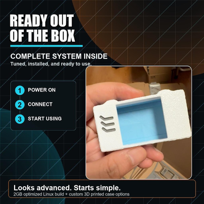May include: A white 3D printed rectangular case with a light blue interior and three grey chevron-like vents on the front. The image includes text: READY OUT OF THE BOX, COMPLETE SYSTEM INSIDE, 1 POWER ON, 2 CONNECT, 3 START USING, Looks advanced. Starts simple.