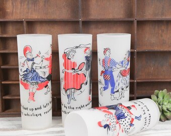 Vintage Frosted High Ball Cocktail Glasses | Square Dancing Frosted Glasses | Tom Collins Tumblers