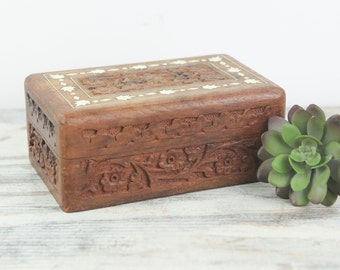 Vintage Carved Wood Box Cigarette Box | Sheesham Vintage Rectangle Box | Wooden Inlay Stash Box | Boho Decor