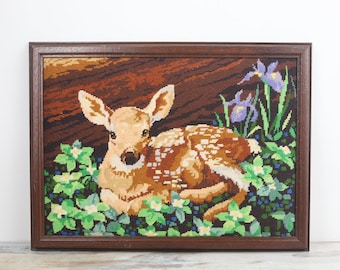 Needlepoint Tapestry Wall Hanging Baby Deer Spotted Fawn Vintage Needlepoint Fiber Art Wood Frame Woodland Decor Cabin Decor