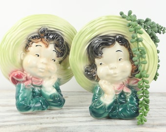 Royal Copley Boy and Girl Wall Pockets with Green Wide brim Hats and Pink Scarfs | Vintage 1950s Planters