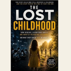 May include: A book cover titled The Lost Childhood, featuring a child in a yellow dress standing between a dark, digital side with glowing screens and a bright, natural side with children playing in a sunlit field, with text about screens and AI.