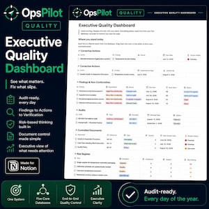 May include: A digital dashboard interface titled OpsPilot Executive Quality Dashboard, featuring sections for Corrective Actions, Findings, Audits, Controlled Documents, and a Risk Register with data tables, status indicators, and text labels.
