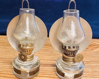 Antique Miniature Clear Glass Kerosene Oil Lamps Pair w Reflectors Fairy Lamps Dollhouse Addy