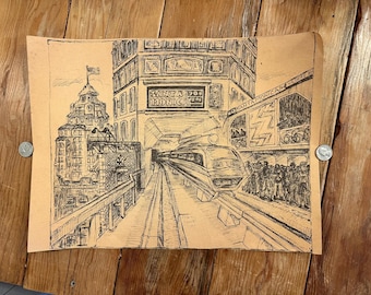 Vintage Santa Monica Ink Drawing – Los Angeles Cityscape Sketch – Mid Century Train Art - Original Style Sketch on Aged Paper – 17” x 12.5”