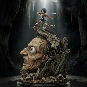 May include: A detailed figurine from the anime series Attack on Titan. The figure shows a woman in a brown jacket and white trousers, holding swords, standing on a giant head emerging from rubble. The base is a black circular platform.