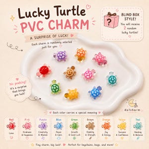 May include: A collection of small, translucent PVC turtle charms in various colors including red, purple, orange, pink, brown, green, yellow, blue, and teal. The text Lucky Turtle PVC CHARM, BLIND BOX STYLE, and color meanings are displayed.