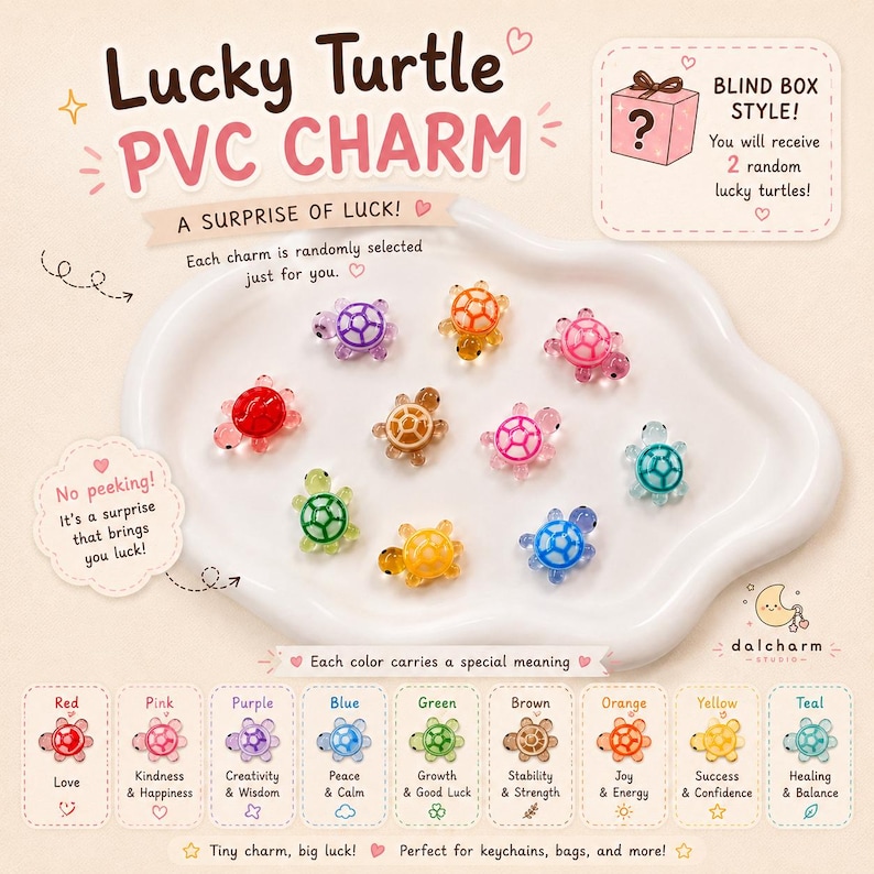 May include: A collection of small, translucent PVC turtle charms in various colors including red, purple, orange, pink, brown, green, yellow, blue, and teal. The text Lucky Turtle PVC CHARM, BLIND BOX STYLE, and color meanings are displayed.