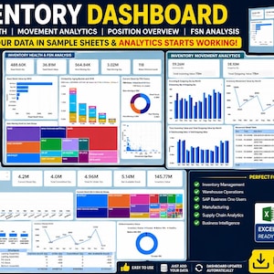 May include: Digital inventory dashboard template with charts and graphs. Features include inventory health, movement analytics, position overview, and FSN analysis. Includes Excel and Power BI templates with instant download.