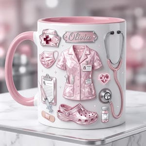 May include: White ceramic mug with a pink handle and interior, decorated with pink medical-themed illustrations. Features a nurse's uniform, stethoscope, and the name "Olivia". Includes a nurse's cap, face mask, and prescription elements.