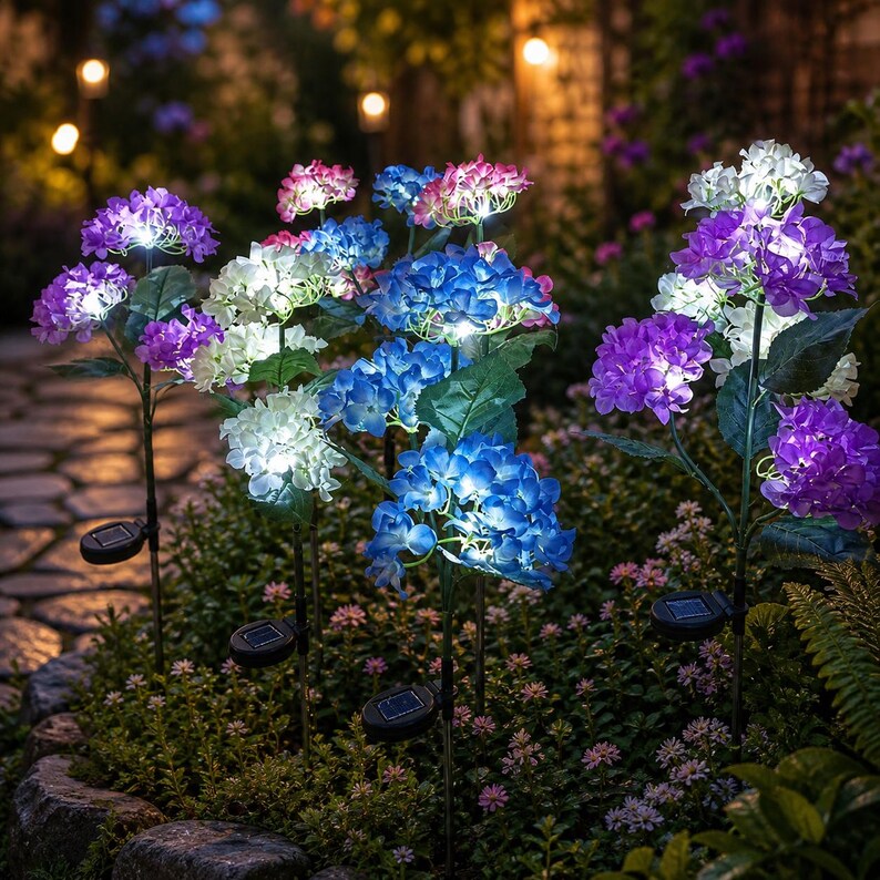 Solar Hydrangea Garden Lights, Waterproof LED Flower Stakes, Outdoor ...