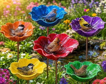 Metalen vogelbadpaal in bloemvorm, handgemaakt vogelbad voor in de tuin, metalen bloemdecoratie voor buiten, weerbestendige tuindecoratie, cadeau voor vogelliefhebbers