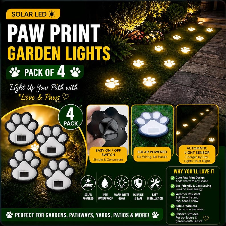 Solar Paw Print Pathway Lights – Cute Dog Footprint Garden Stakes, Warm Or Cool White, 1/3/5/10 Pack, Auto On/Off, Weatherproof