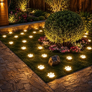 May include: Outdoor paw print pathway lights illuminate a green lawn. The lights are arranged in a paw print pattern, creating a whimsical and inviting ambiance. The scene includes a stone pathway, lush greenery, and a wooden fence.