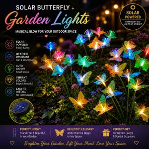 Pode incluir: Luzes de jardim solares em forma de borboleta em várias cores. As luzes são resistentes às intempéries e fáceis de instalar. O texto na imagem diz "Garden Lights" e "Magical Glow for Your Outdoor Space".