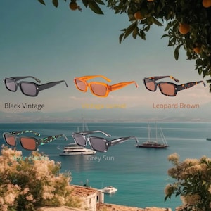 May include: A selection of sunglasses in different colours and designs. The sunglasses include black, orange, leopard print, green, and grey frames. Text on the image reads "Black Vintage", "Vintage Sunset", "Leopard Brown", "Azur classic", and "Grey Sun". The background shows a coastal scene.
