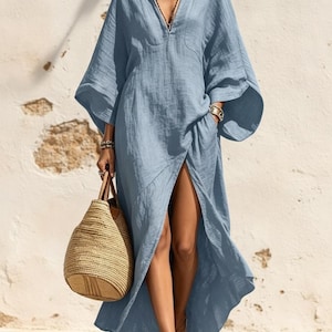 Soft Blend V-Neck Dress, Batwing Sleeve, Loose Fit Coastal Summer Maxi, Resort Wear Dress image 6