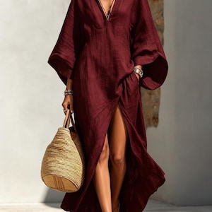 Soft Blend V-Neck Dress, Batwing Sleeve, Loose Fit Coastal Summer Maxi, Resort Wear Dress image 8