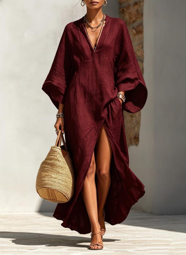 Soft Blend V-Neck Dress, Batwing Sleeve, Loose Fit Coastal Summer Maxi, Resort Wear Dress image 8
